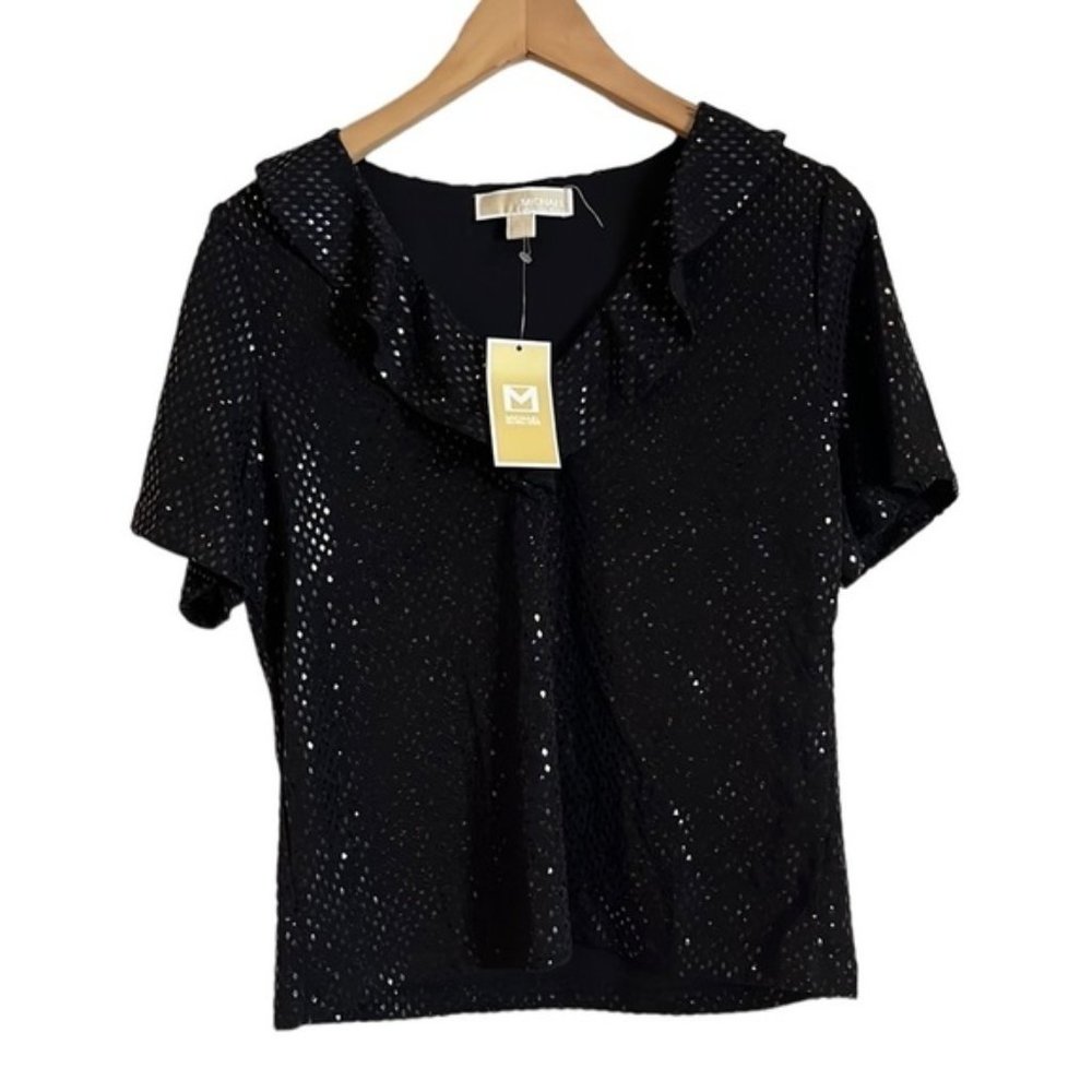 NWT Michael Kors black sequenced short sleeved V- neck top size medium.